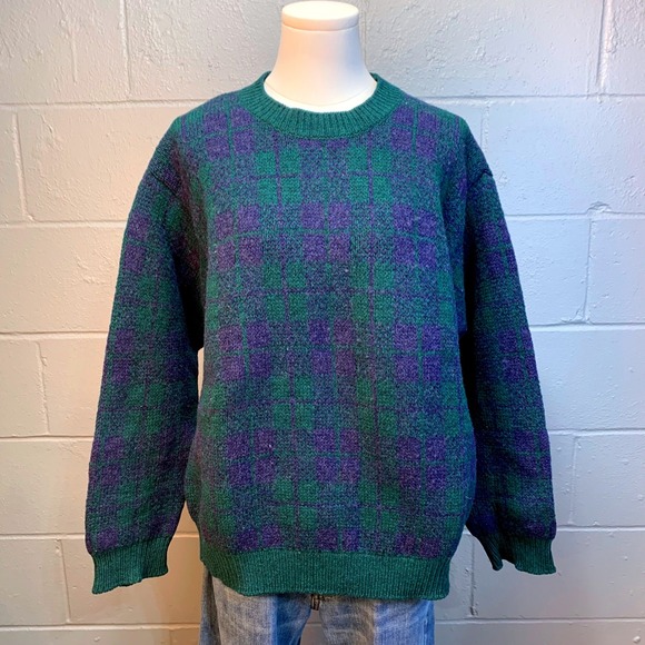 Benetton Sweaters - Vintage Benetton Shetland Wool Plaid Sweater Green Blue Women's Medium